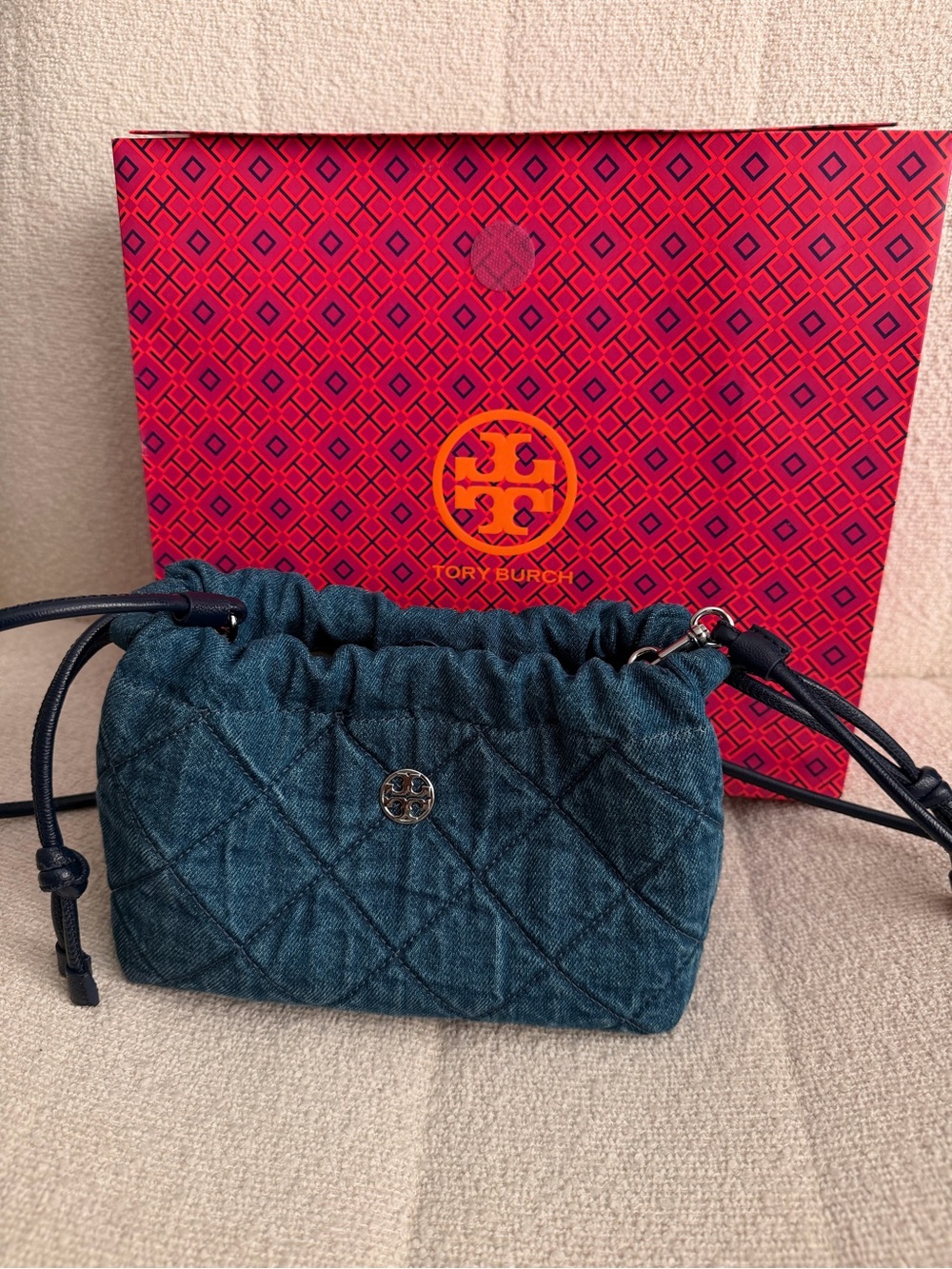 Tory Burch Willa Quilted Denim Drawstring Crossbody